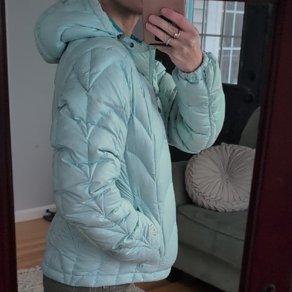 Light Aqua Hooded Puffer Jacket Outdoor Research